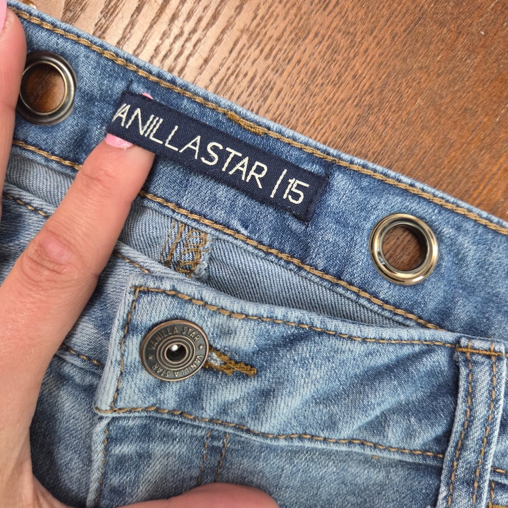 Y2K Low Rise Denim Shorts Grommet Waistband Light Wash Mini - Picture 4 of 5